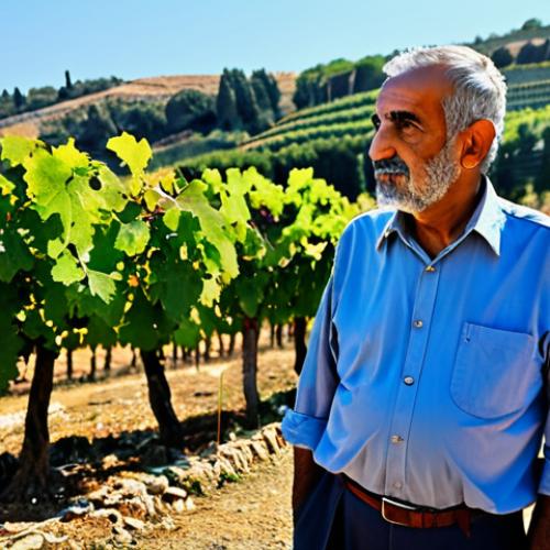 Home 11 A wise, experienced Lebanese winemaker, a man in his 60s, wearing modest, traditional work attire, fully clothed, standing proudly in an ancient, sun-drenched vineyard. Gnarled old grapevines frame the scene, with hints of historical stone terraces in the background. He holds a small cluster of ripe grapes, gazing thoughtfully at the vineyard, conveying a deep connection to the land and generations of tradition. Perfect anatomy, correct proportions, natural pose, well-formed hands, proper finger count, natural body proportions. Professional photography, high quality, safe for work, appropriate content, modest, family-friendly.