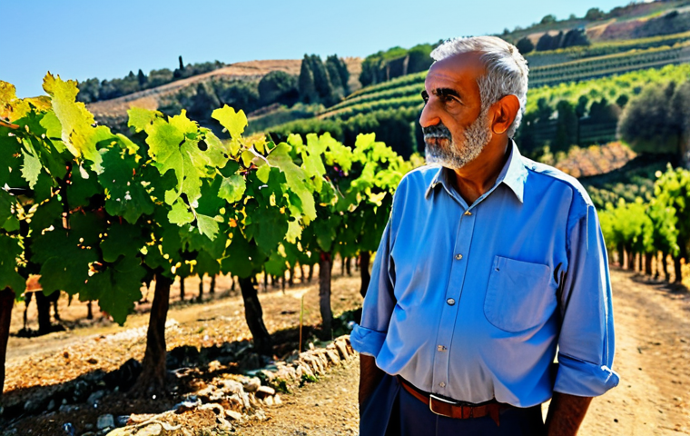 A wise, experienced Lebanese winemaker, a man in his 60s, wearing modest, traditional work attire, fully clothed, standing proudly in an ancient, sun-drenched vineyard. Gnarled old grapevines frame the scene, with hints of historical stone terraces in the background. He holds a small cluster of ripe grapes, gazing thoughtfully at the vineyard, conveying a deep connection to the land and generations of tradition. Perfect anatomy, correct proportions, natural pose, well-formed hands, proper finger count, natural body proportions. Professional photography, high quality, safe for work, appropriate content, modest, family-friendly.