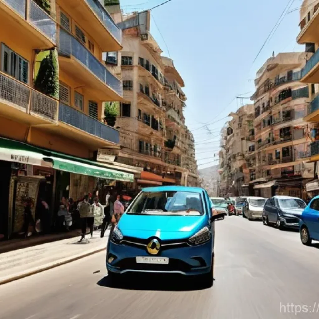 레바논 내 운전 및 렌트카 주의점 - **Prompt:** A bustling street scene in Hamra, Beirut, during a busy afternoon. The image features a ...