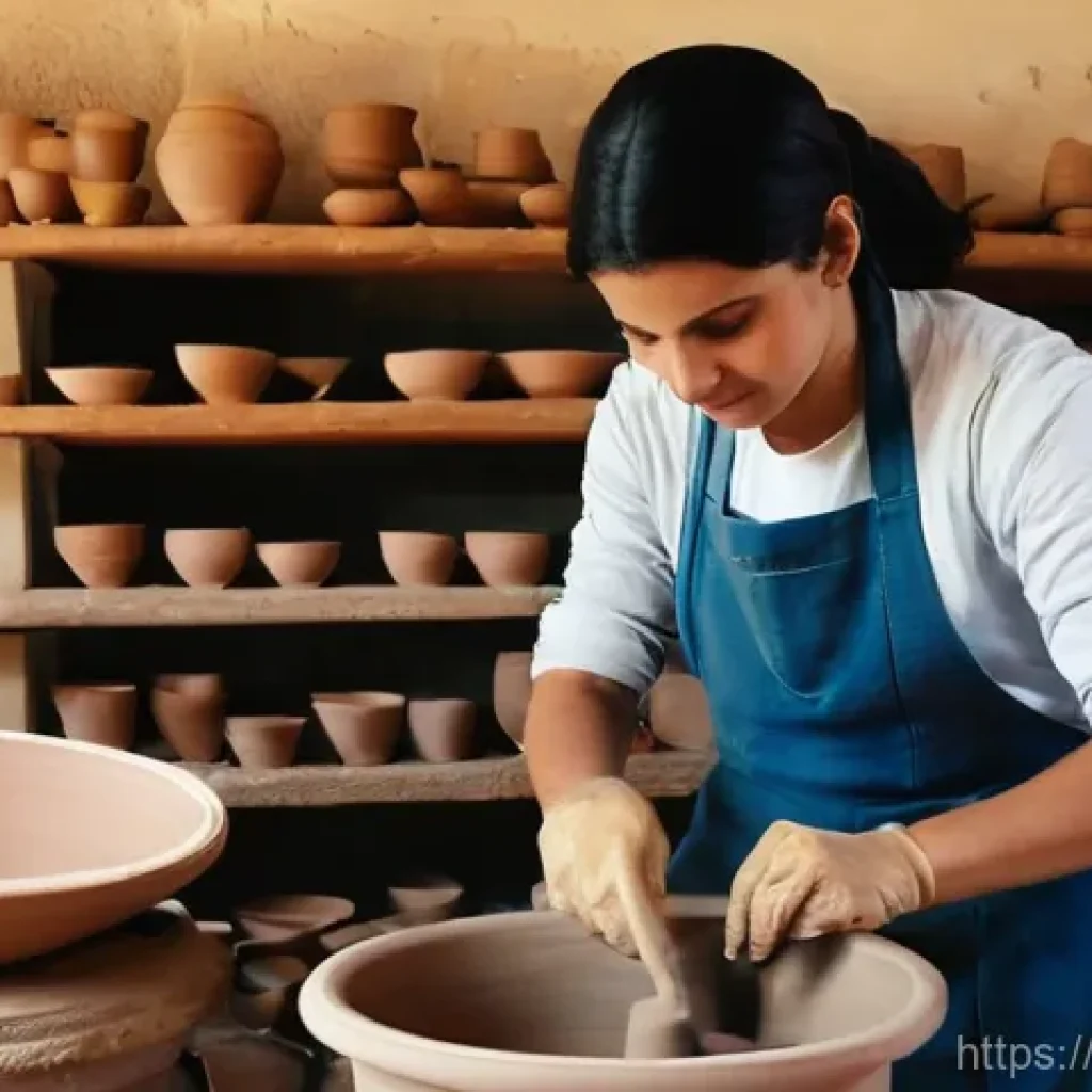 레바논의 수공예 공방 체험 - **Prompt:** A heartwarming scene inside a rustic Lebanese pottery workshop in a village like Bshmezz...
