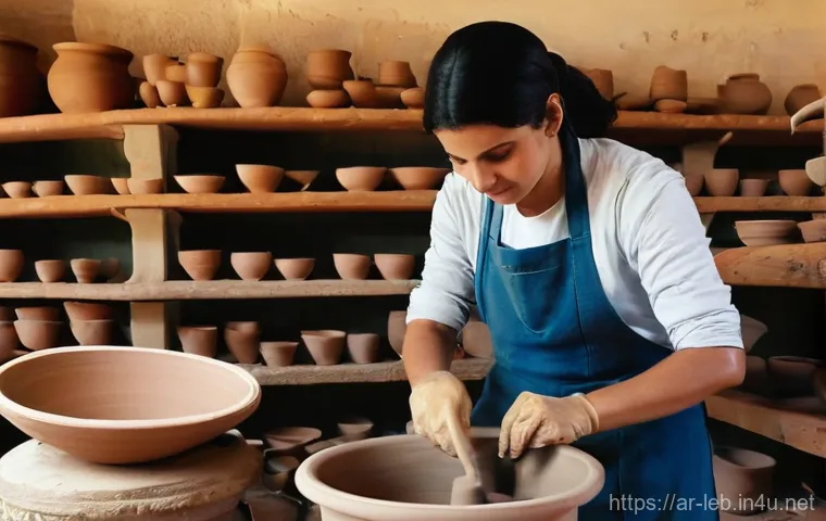 레바논의 수공예 공방 체험 - **Prompt:** A heartwarming scene inside a rustic Lebanese pottery workshop in a village like Bshmezz...
