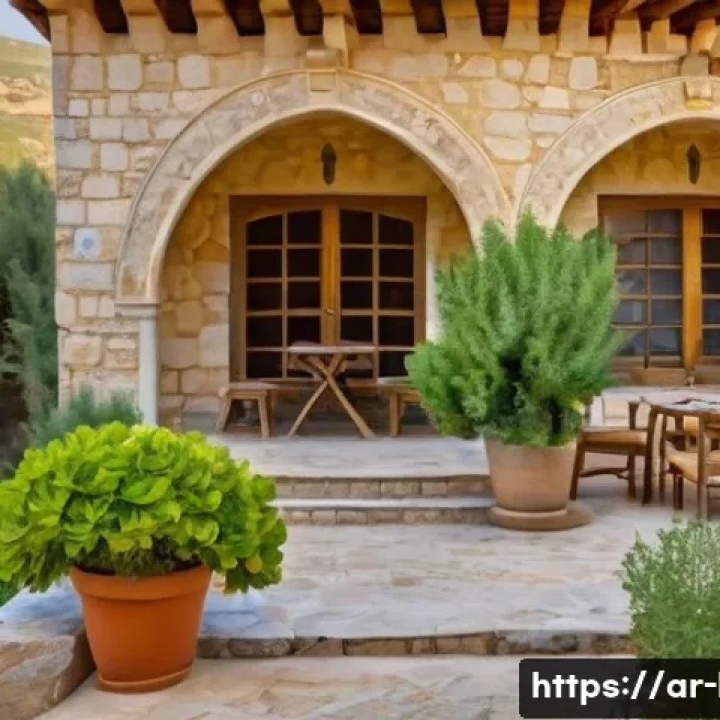 레바논 주택 구조 및 건축 스타일 - An exterior view of a traditional Lebanese mountain house made of warm yellow natural stone. The hou...
