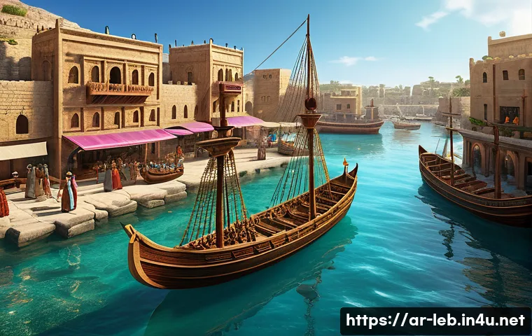 레바논 히스토리 페니키아 문명 - A detailed scene depicting an ancient Phoenician harbor bustling with activity, featuring intricatel...