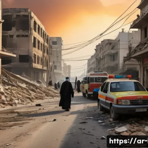 Home 30 레바논의 최근 사건사고 베이루트 항구 폭발 등 - A detailed urban scene of Beirut after the port explosion, showing damaged infrastructure with destr...