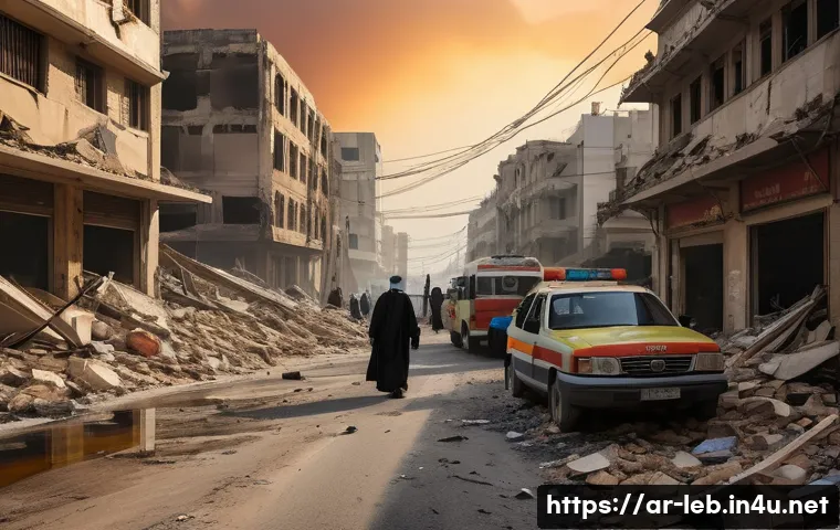 레바논의 최근 사건사고 베이루트 항구 폭발 등 - A detailed urban scene of Beirut after the port explosion, showing damaged infrastructure with destr...