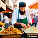 Home 23 레바논에서 먹어봐야 할 길거리 음식 - A vibrant Lebanese street food stall scene at sunset in Beirut, showcasing a skilled vendor preparin...