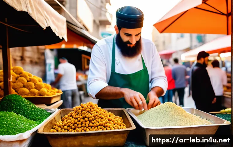 레바논에서 먹어봐야 할 길거리 음식 - A vibrant Lebanese street food stall scene at sunset in Beirut, showcasing a skilled vendor preparin...